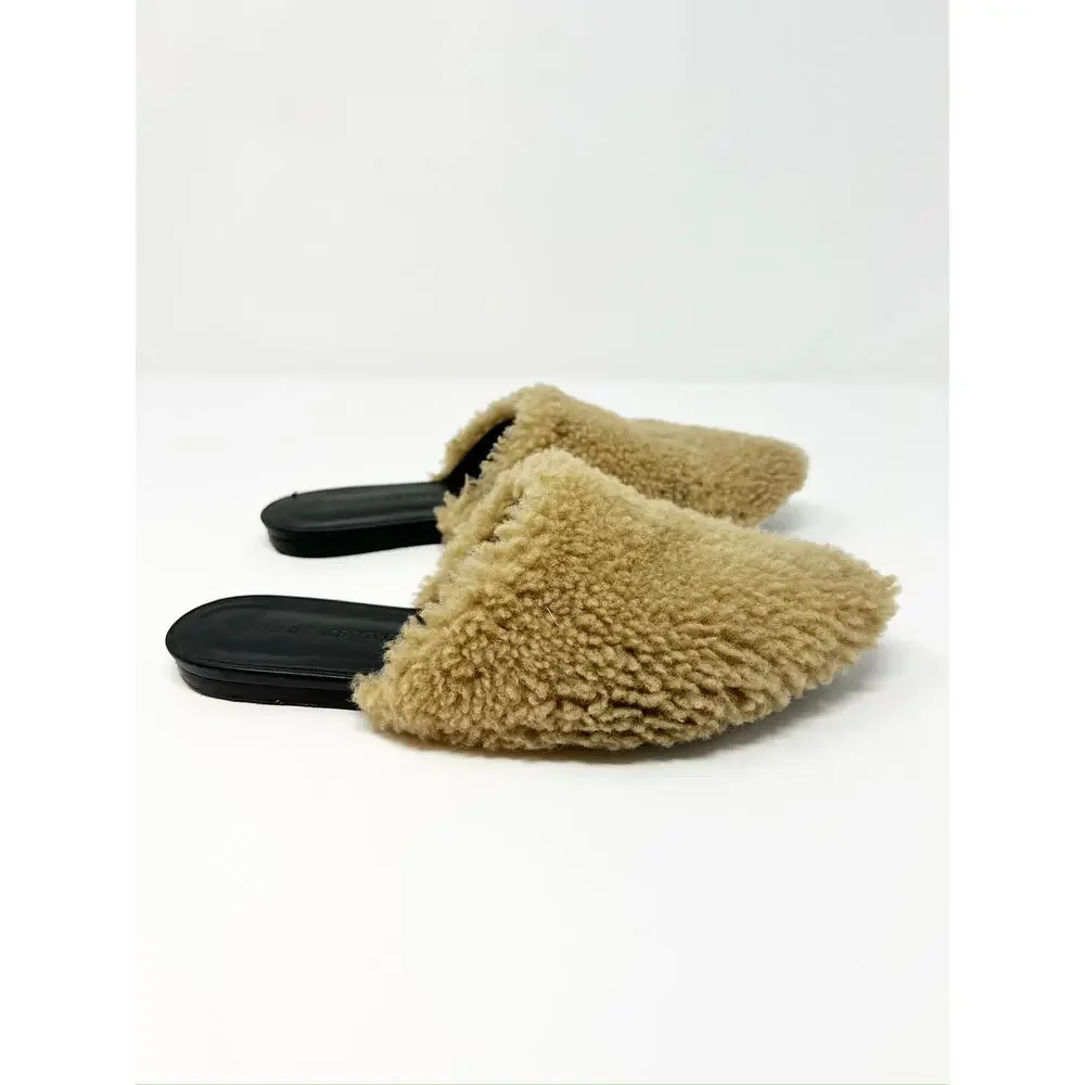 Jenni Kayne Shearling Flat Pointy Toe Mule Slip On Shoe Natural Brown EU 37